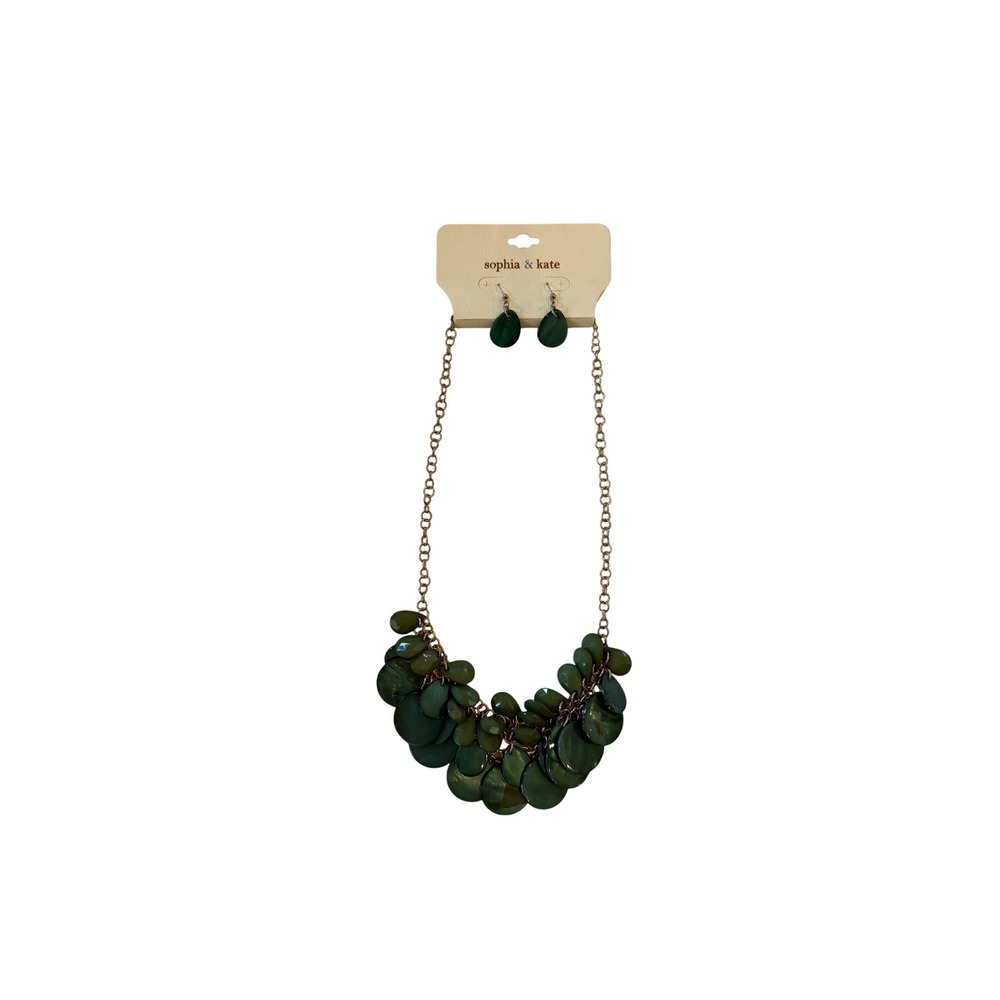 Sophia & Kate Forest Green Statement Bib Necklace and Earring Set Gold Tone